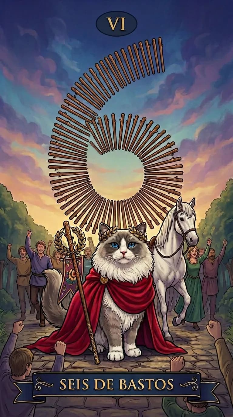 Carta de tarot Seis de Bastos de una baraja de muestra personalizada
