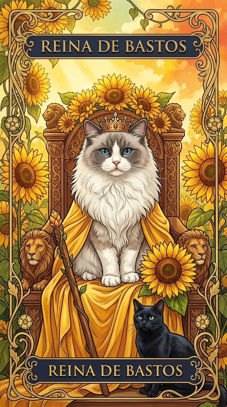 Carta de tarot Reina de Bastos de una baraja de muestra personalizada