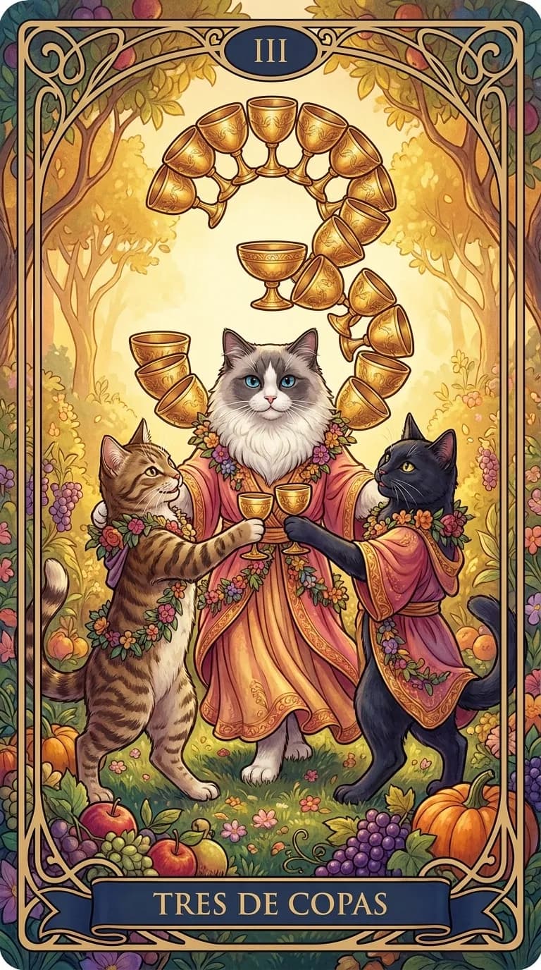 Carta de tarot Tres de Copas de una baraja de muestra personalizada