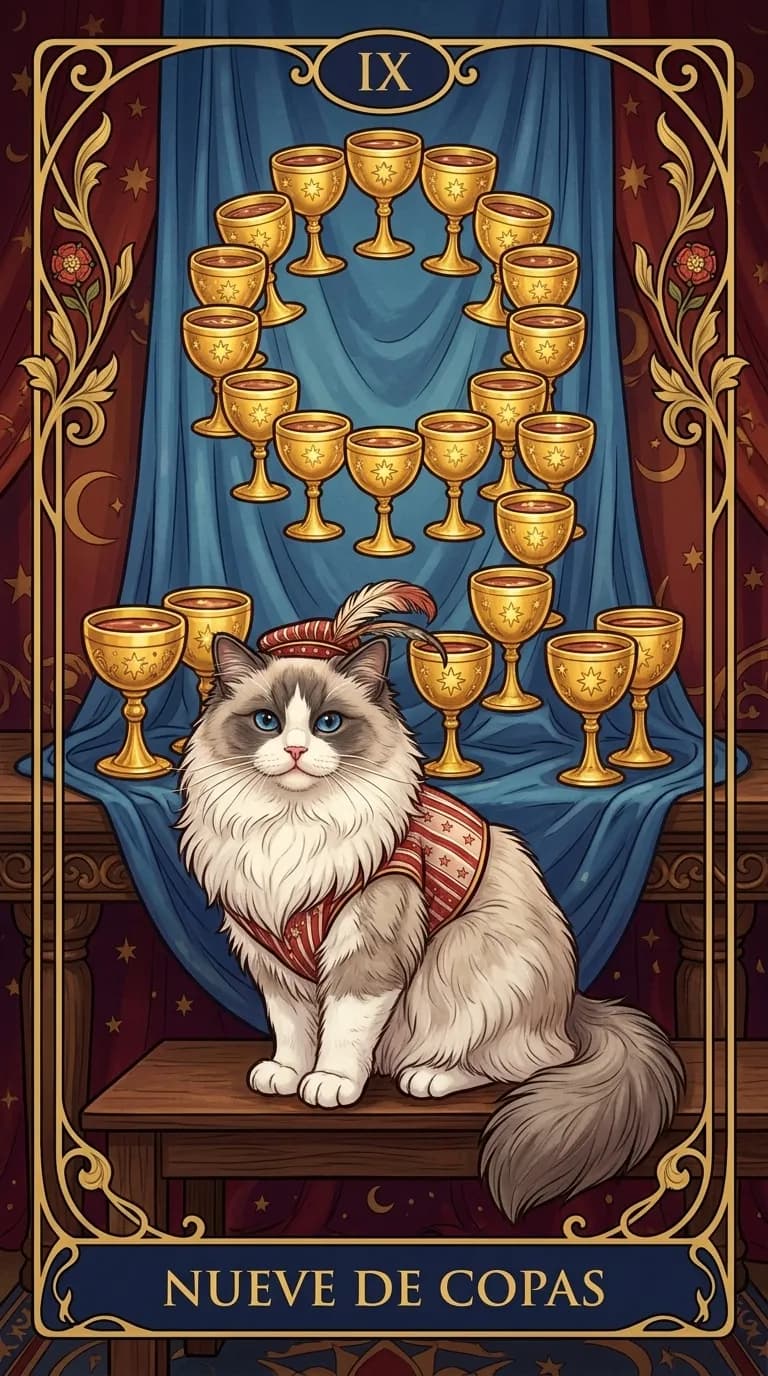 Carta de tarot Nueve de Copas de una baraja de muestra personalizada