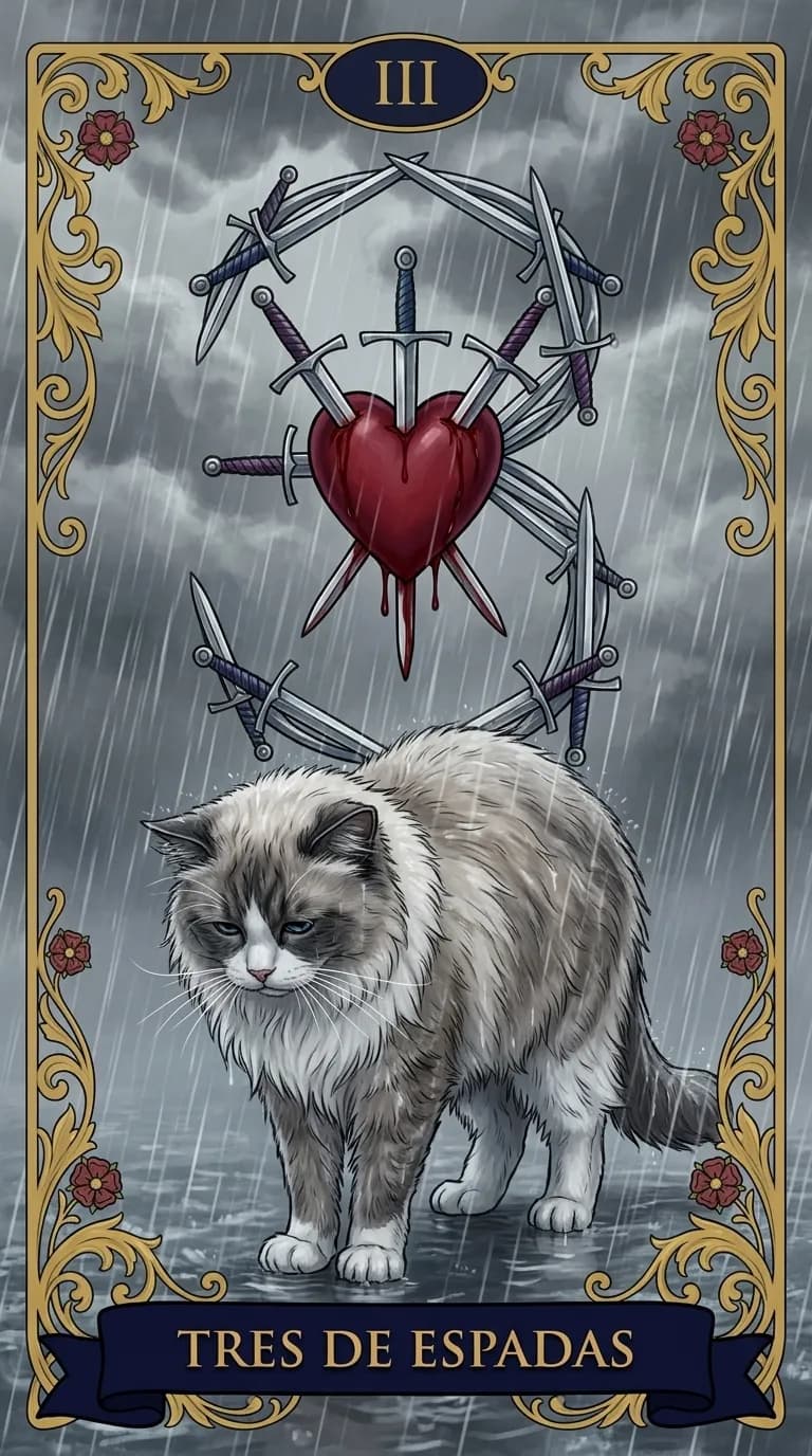 Carta de tarot Tres de Espadas de una baraja de muestra personalizada