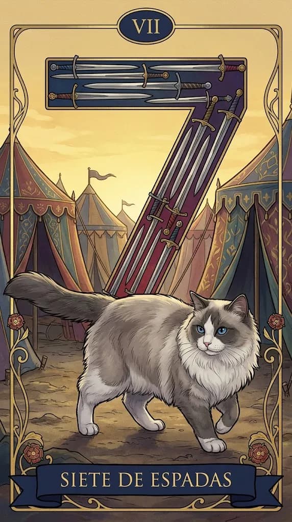 Carta de tarot Siete de Espadas de una baraja de muestra personalizada