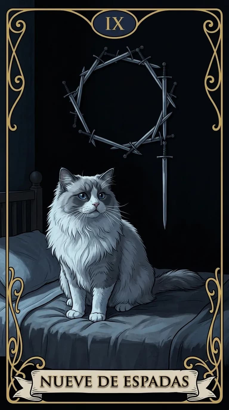 Carta de tarot Nueve de Espadas de una baraja de muestra personalizada