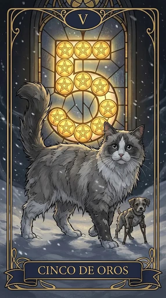 Carta de tarot Cinco de Oros de una baraja de muestra personalizada