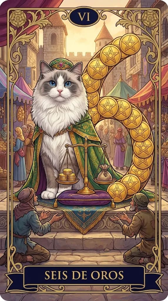 Carta de tarot Seis de Oros de una baraja de muestra personalizada