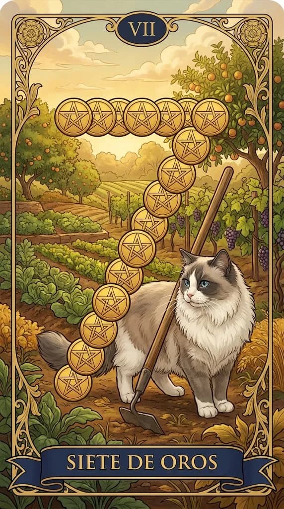 Carta de tarot Siete de Oros de una baraja de muestra personalizada