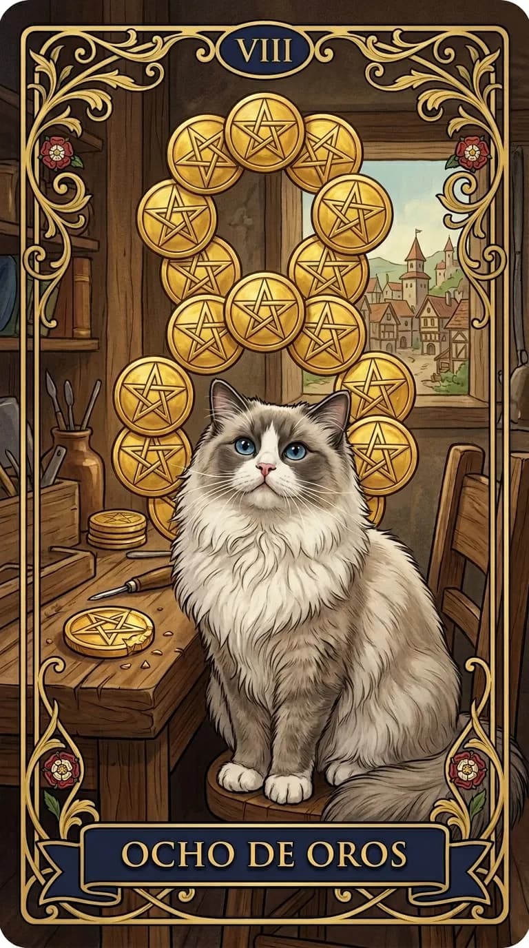 Carta de tarot Ocho de Oros de una baraja de muestra personalizada