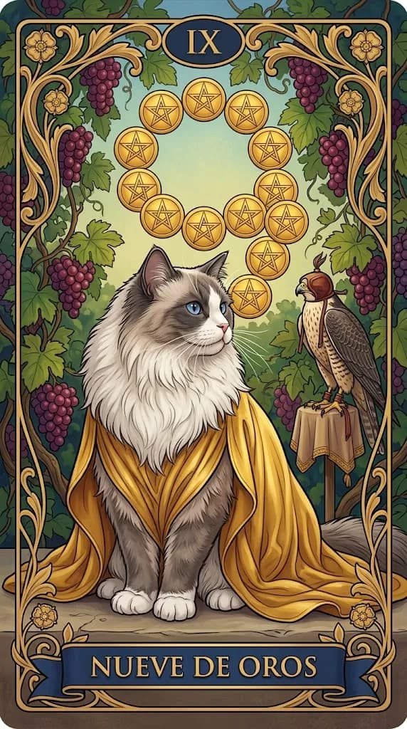 Carta de tarot Nueve de Oros de una baraja de muestra personalizada