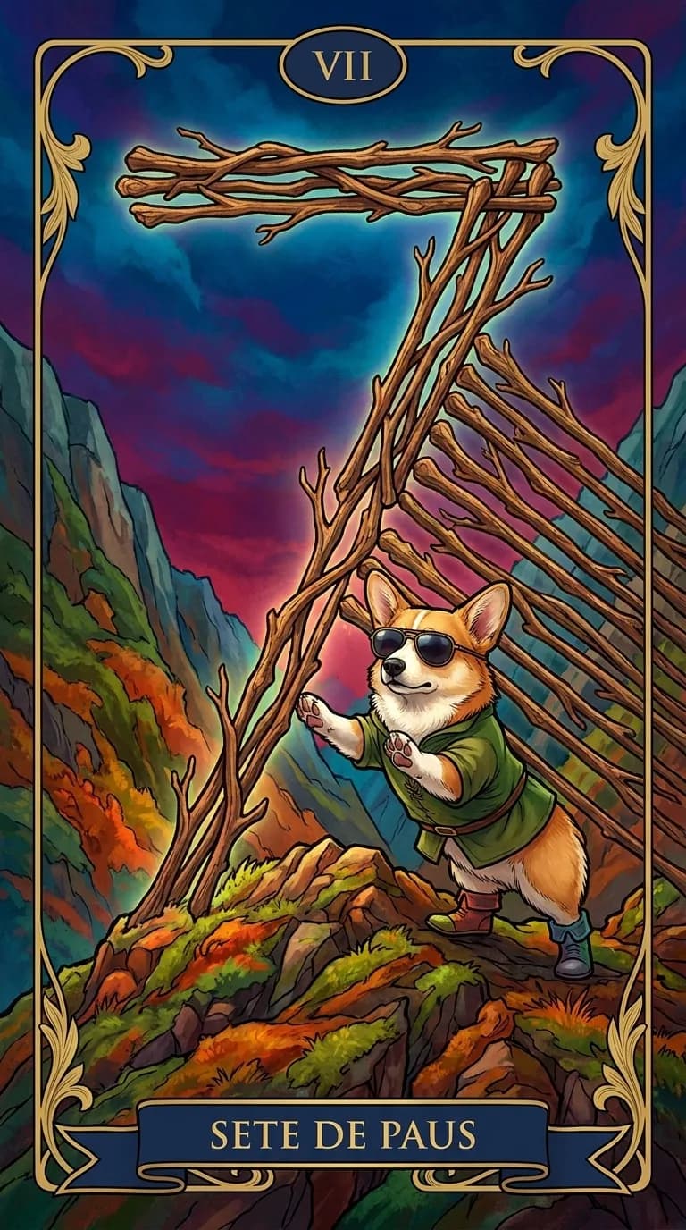 Carta de tarot Sete de Paus de um baralho de exemplo personalizado