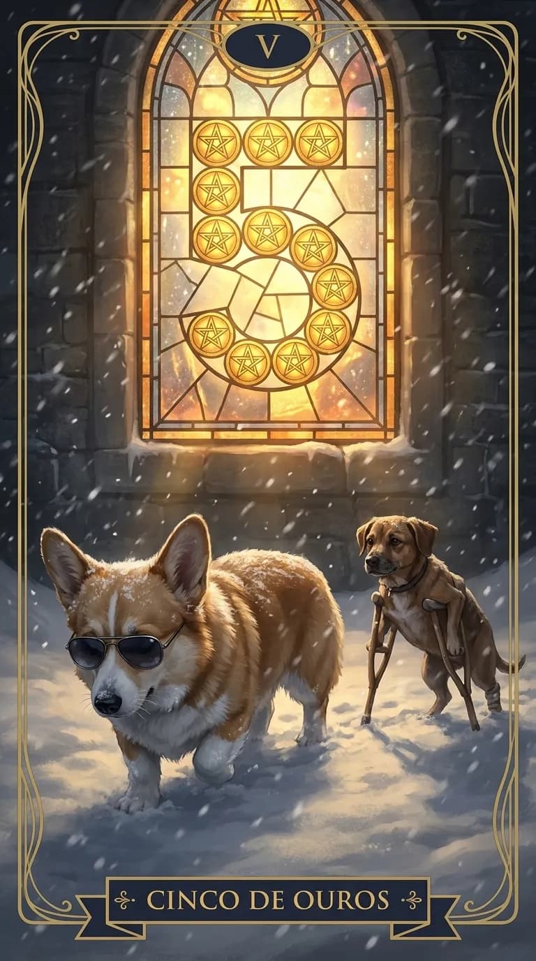 Carta de tarot Cinco de Ouros de um baralho de exemplo personalizado