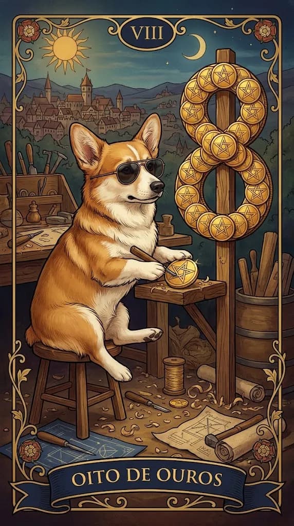 Carta de tarot Oito de Ouros de um baralho de exemplo personalizado