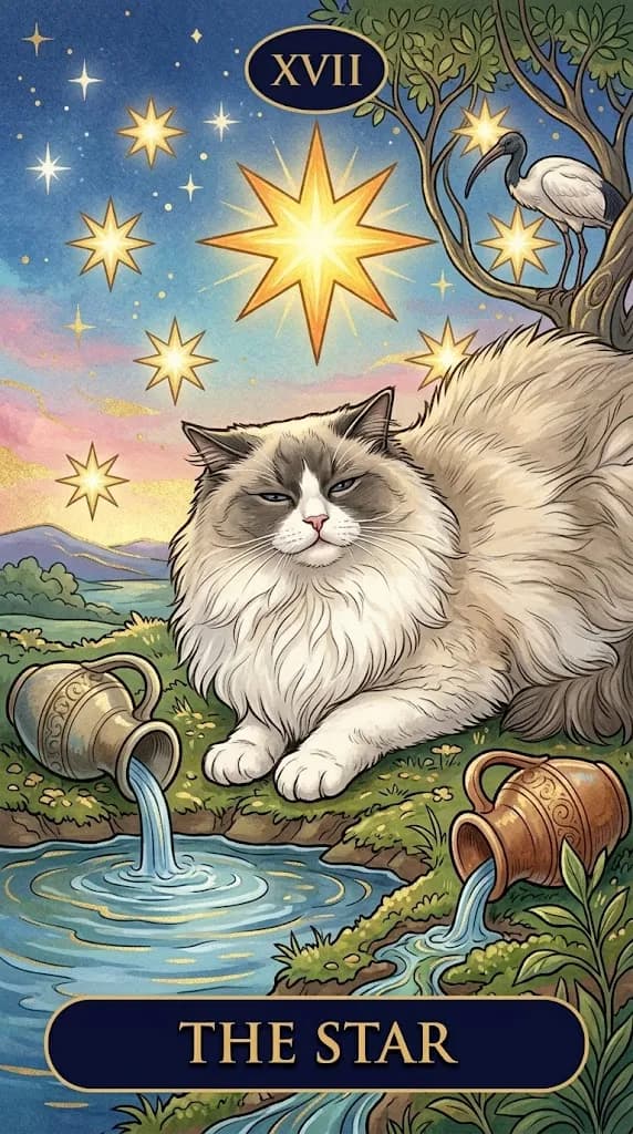 The Star tarot card with a ragdoll cat resting by a starlit pool
