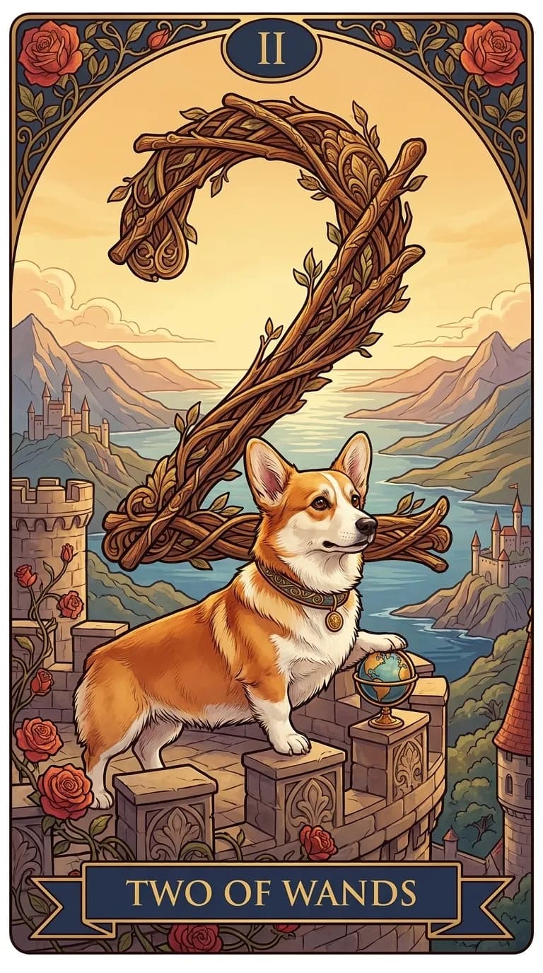 Two of Wands tarot card from a personalized sample deck