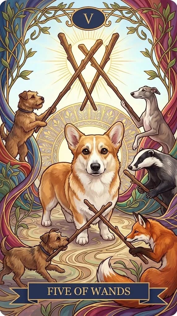 Five of Wands tarot card from a personalized sample deck