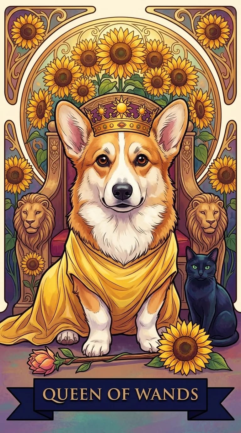 Queen of Wands tarot card from a personalized sample deck