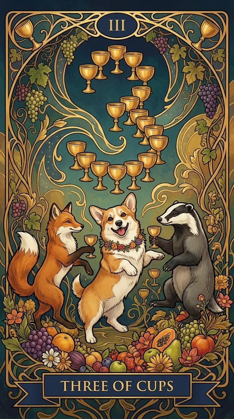 Three of Cups tarot card from a personalized sample deck