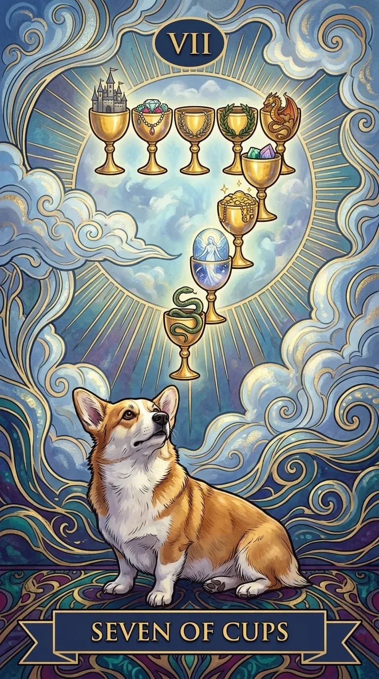 Seven of Cups tarot card from a personalized sample deck