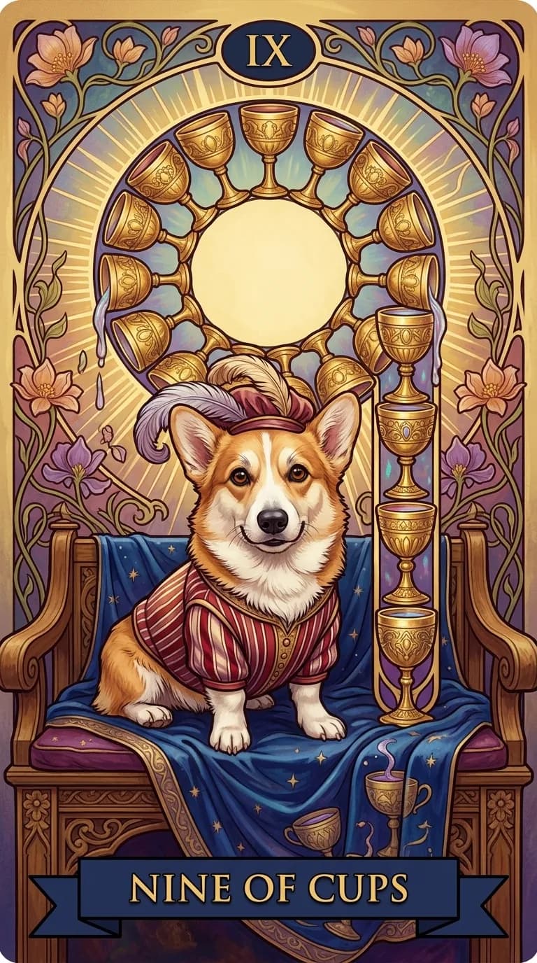 Nine of Cups tarot card from a personalized sample deck