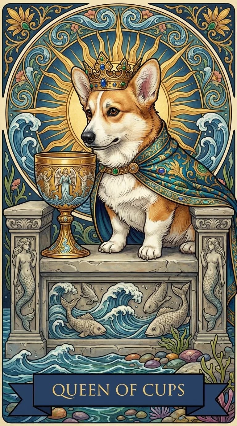 Queen of Cups tarot card from a personalized sample deck