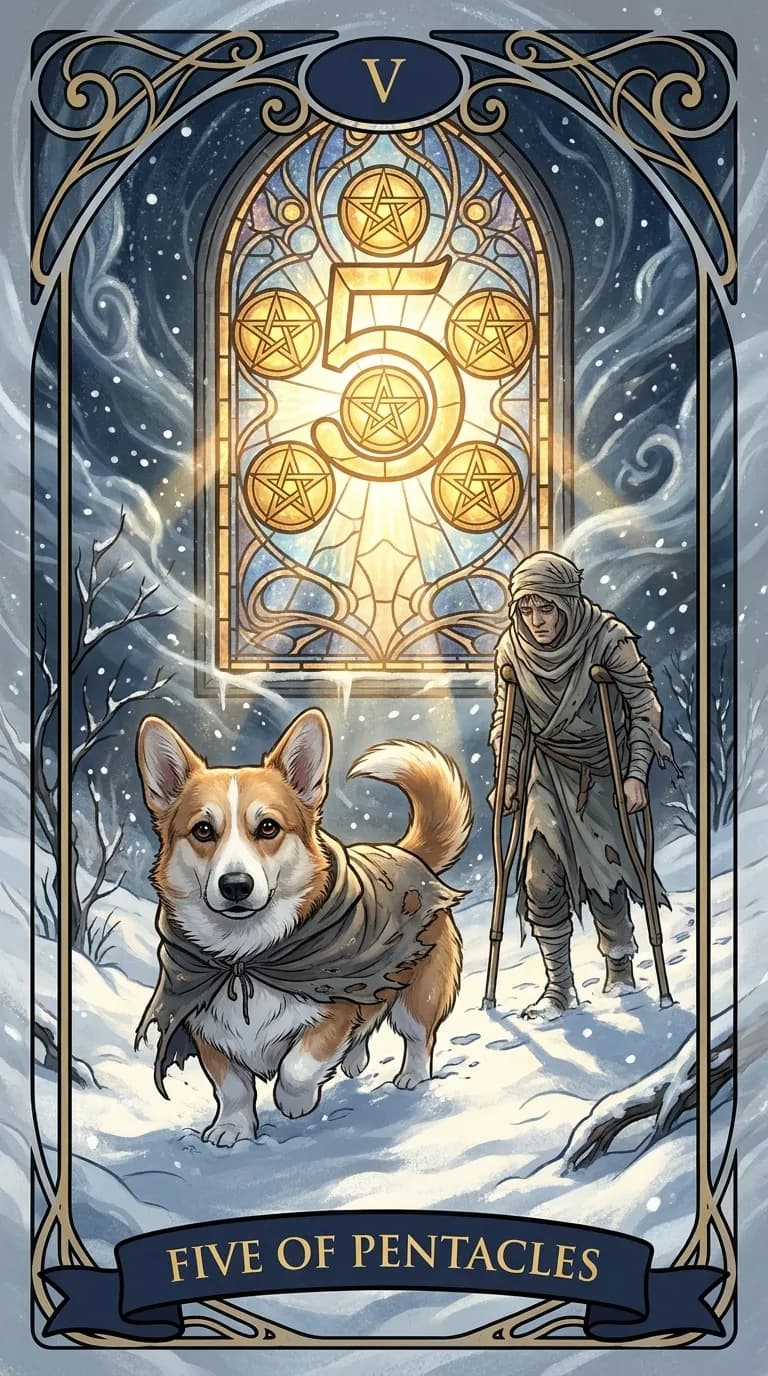 Five of Pentacles tarot card from a personalized sample deck