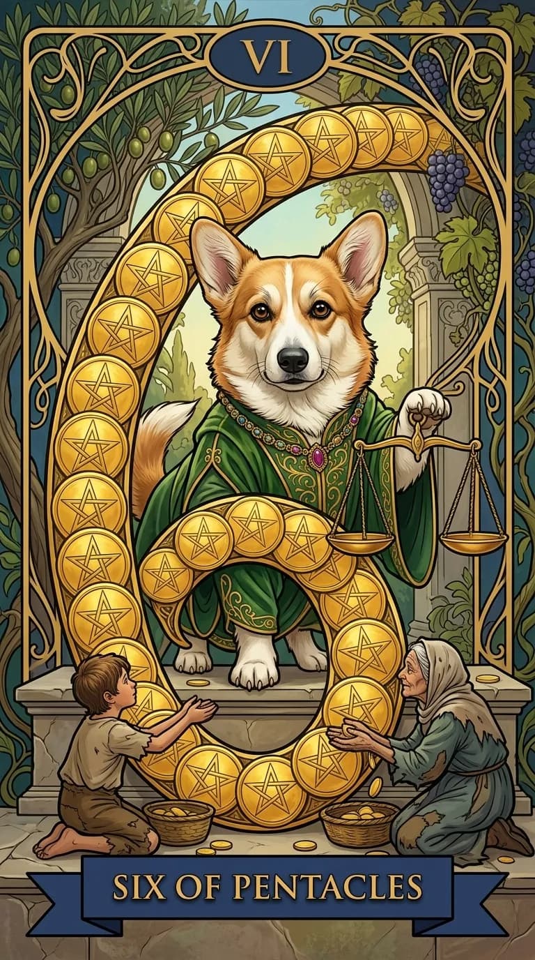 Six of Pentacles tarot card from a personalized sample deck