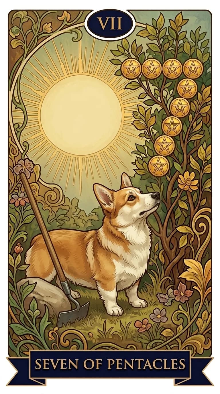 Seven of Pentacles tarot card from a personalized sample deck