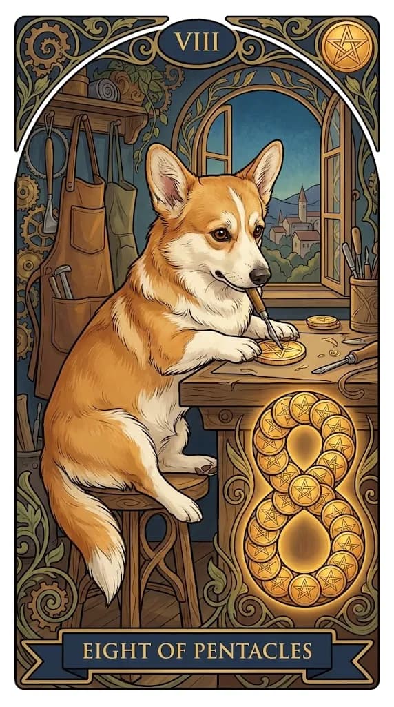 Eight of Pentacles tarot card from a personalized sample deck