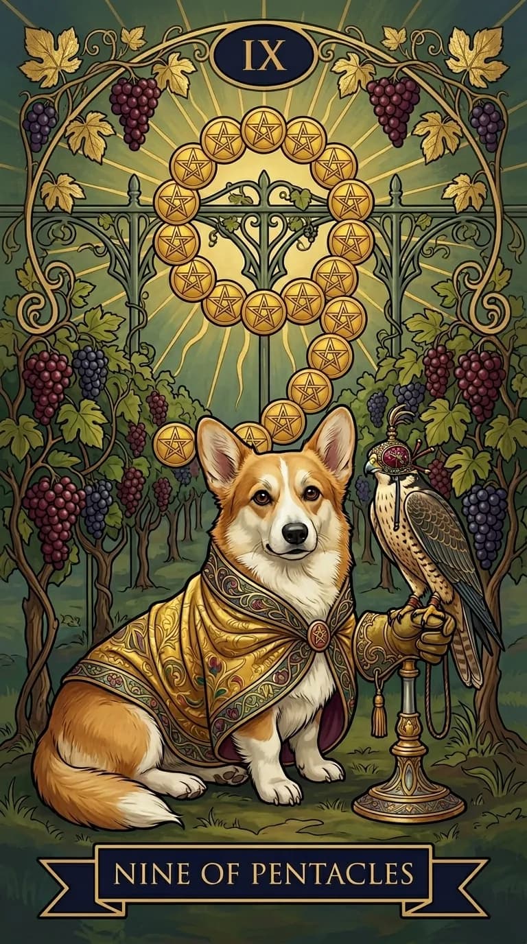 Nine of Pentacles tarot card from a personalized sample deck
