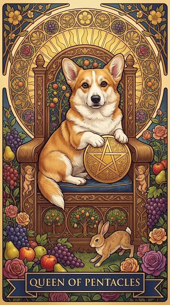 Queen of Pentacles tarot card from a personalized sample deck