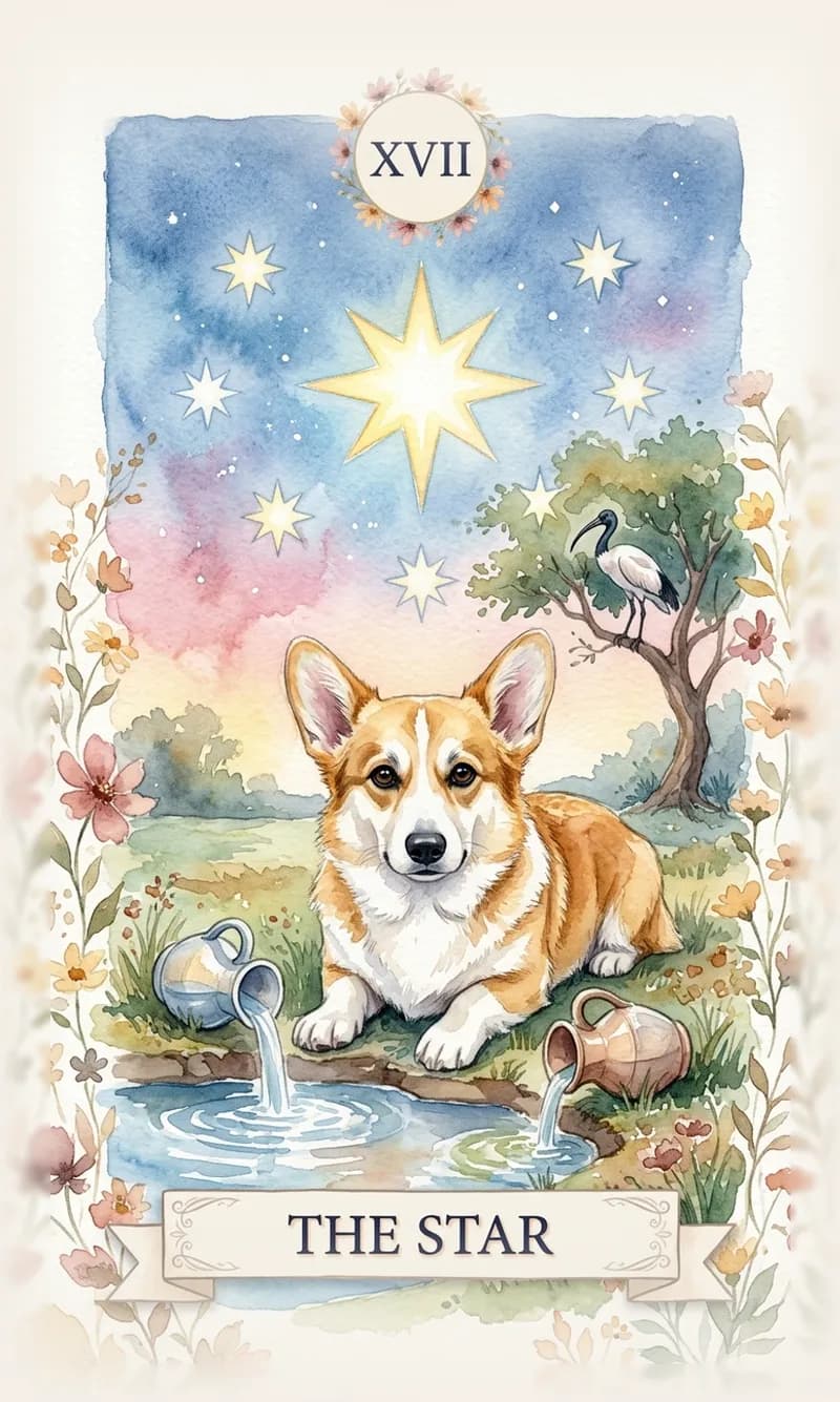 The Star in the watercolor tarot style, a corgi by a quiet pool