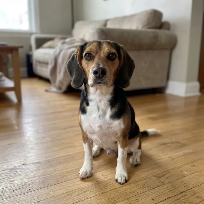 A tricolor Beagle sitting on a hardwood floor at home