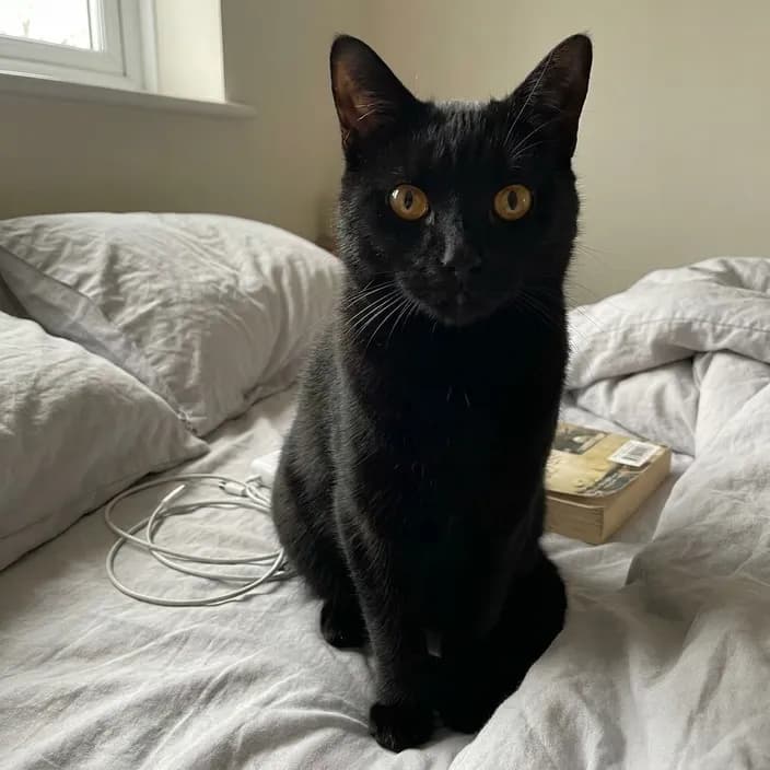 A black cat with amber eyes sitting on an unmade bed