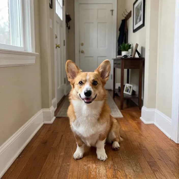 A Pembroke Welsh Corgi sitting on a hardwood floor in a hallway at home