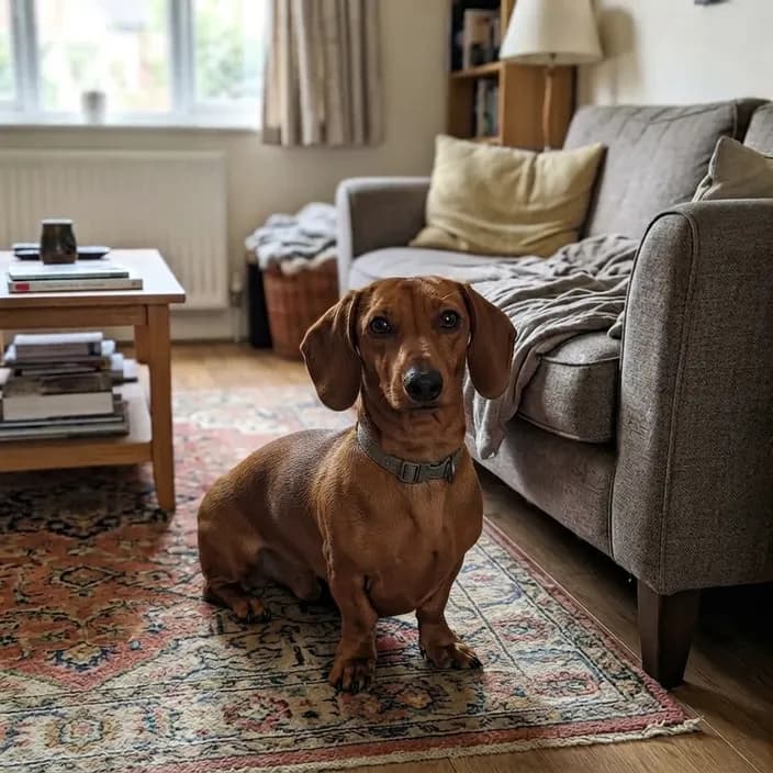 A red smooth-coat Dachshund standing on a rug in a living room
