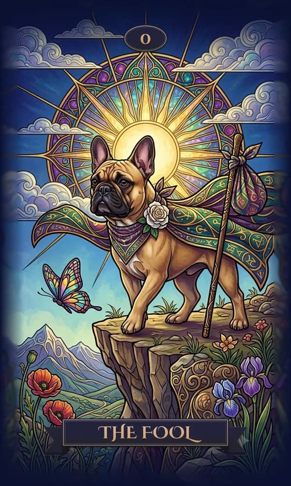 French Bulldog as The Fool on a personalized tarot card