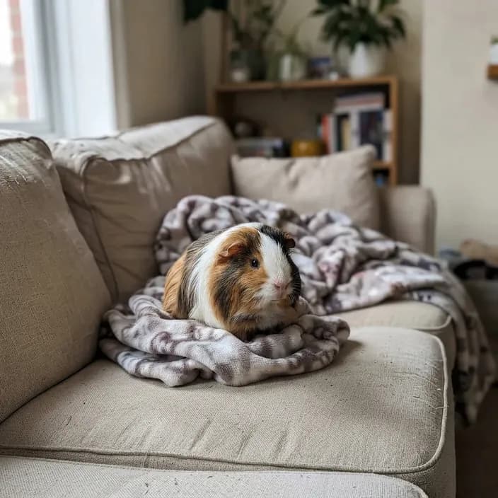 A tricolor long-haired guinea pig sitting on a blanket on a sofa