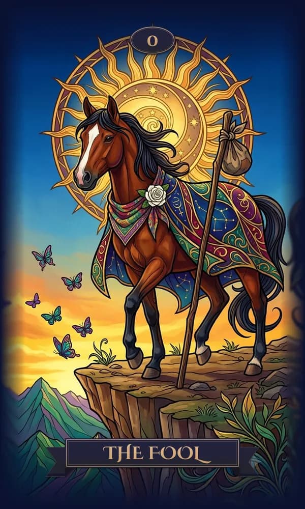 Horse as The Fool on a personalized tarot card