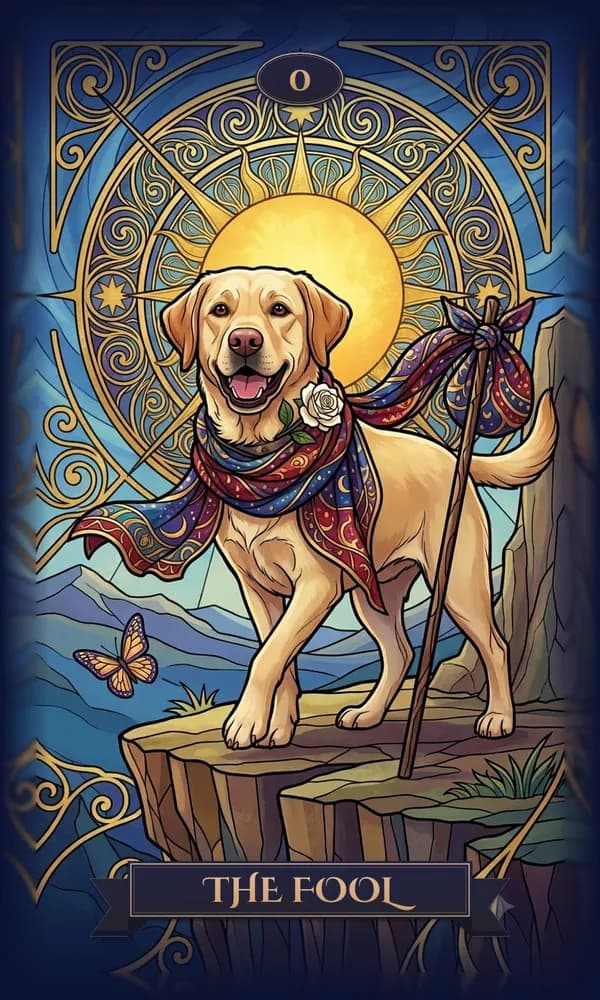 Labrador Retriever as The Fool on a personalized tarot card