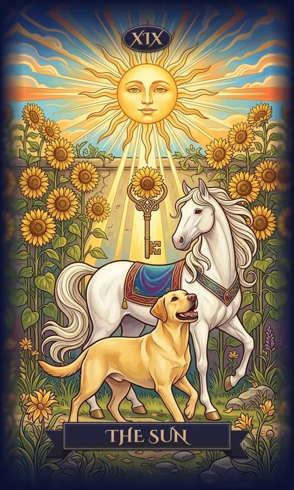 Labrador Retriever as The Sun on a personalized tarot card