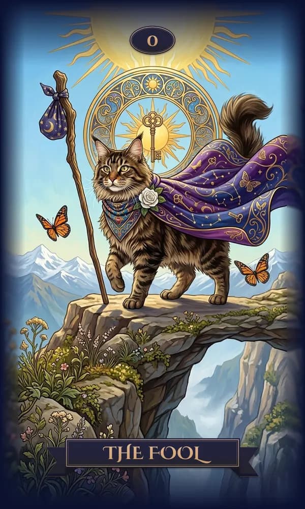 Maine Coon as The Fool on a personalized tarot card