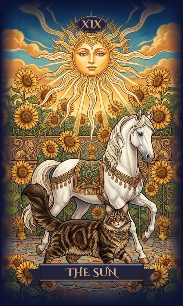 Maine Coon as The Sun on a personalized tarot card