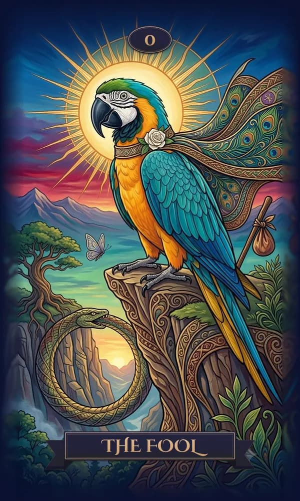 Parrot as The Fool on a personalized tarot card