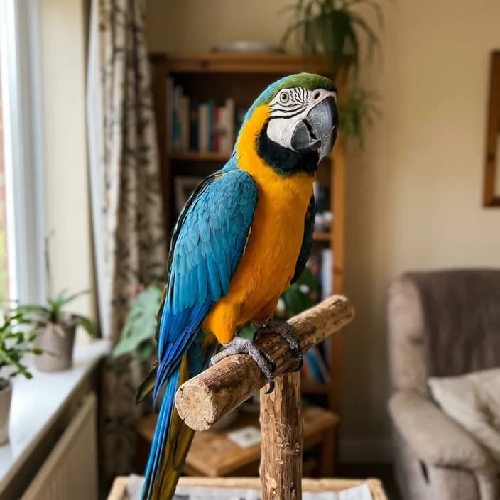 A blue and gold macaw perched on a wooden stand indoors