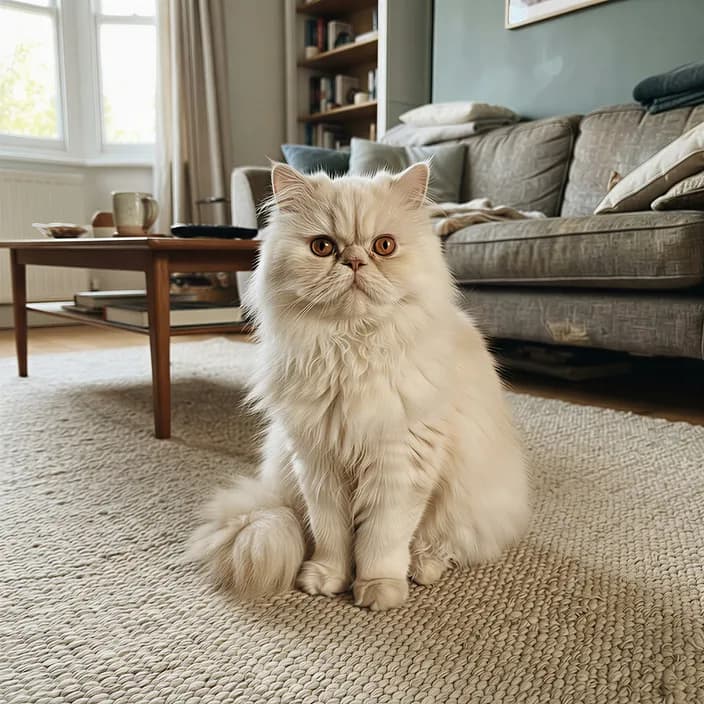 A cream Persian cat with a long coat sitting on a rug at home