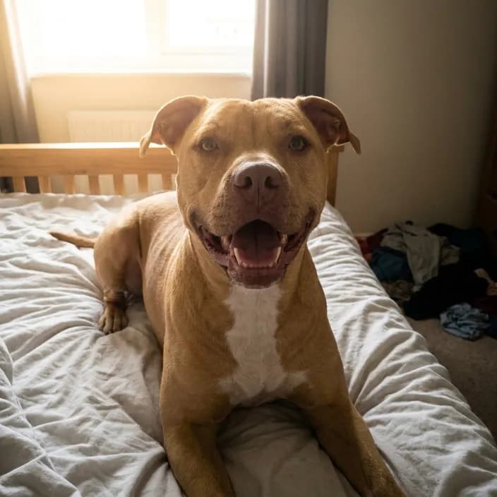 A fawn and white pit bull lying on an unmade bed with a big open-mouth grin