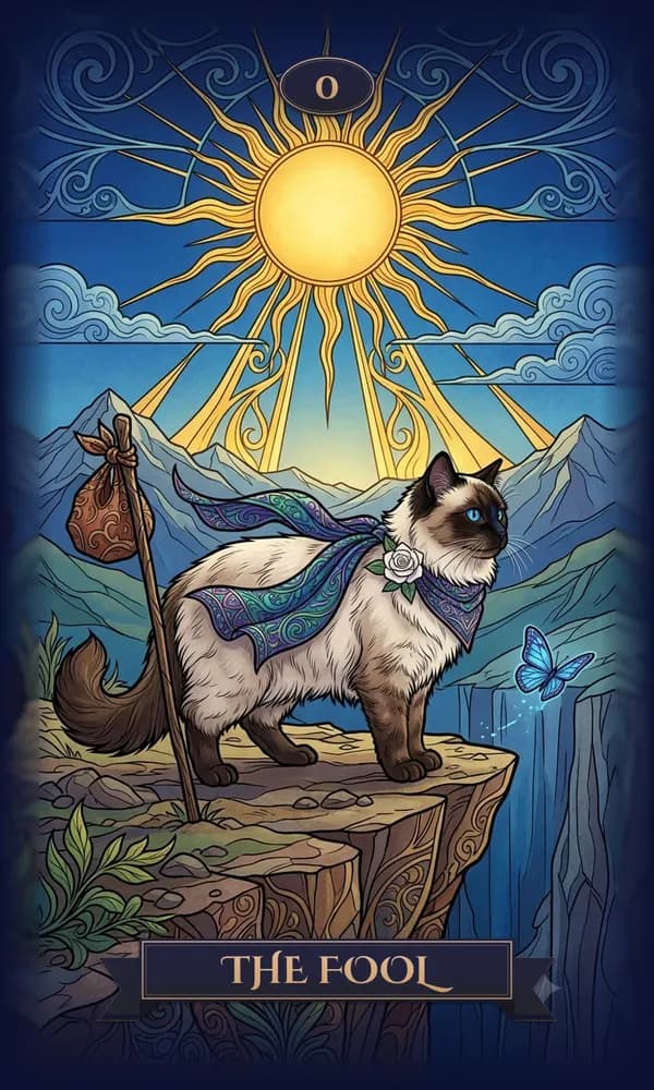 Ragdoll as The Fool on a personalized tarot card