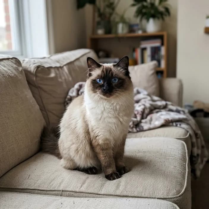 A seal point Ragdoll cat with blue eyes sitting on a pale sofa