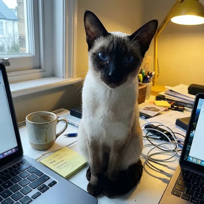A seal point Siamese cat with blue eyes sitting on a desk beside a laptop