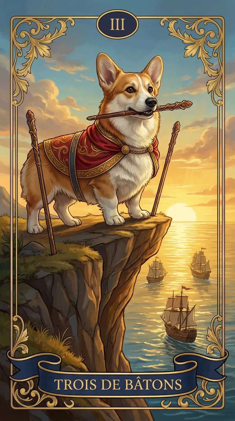 Carte de tarot Trois de Bâtons issue d'un jeu d'exemple personnalisé