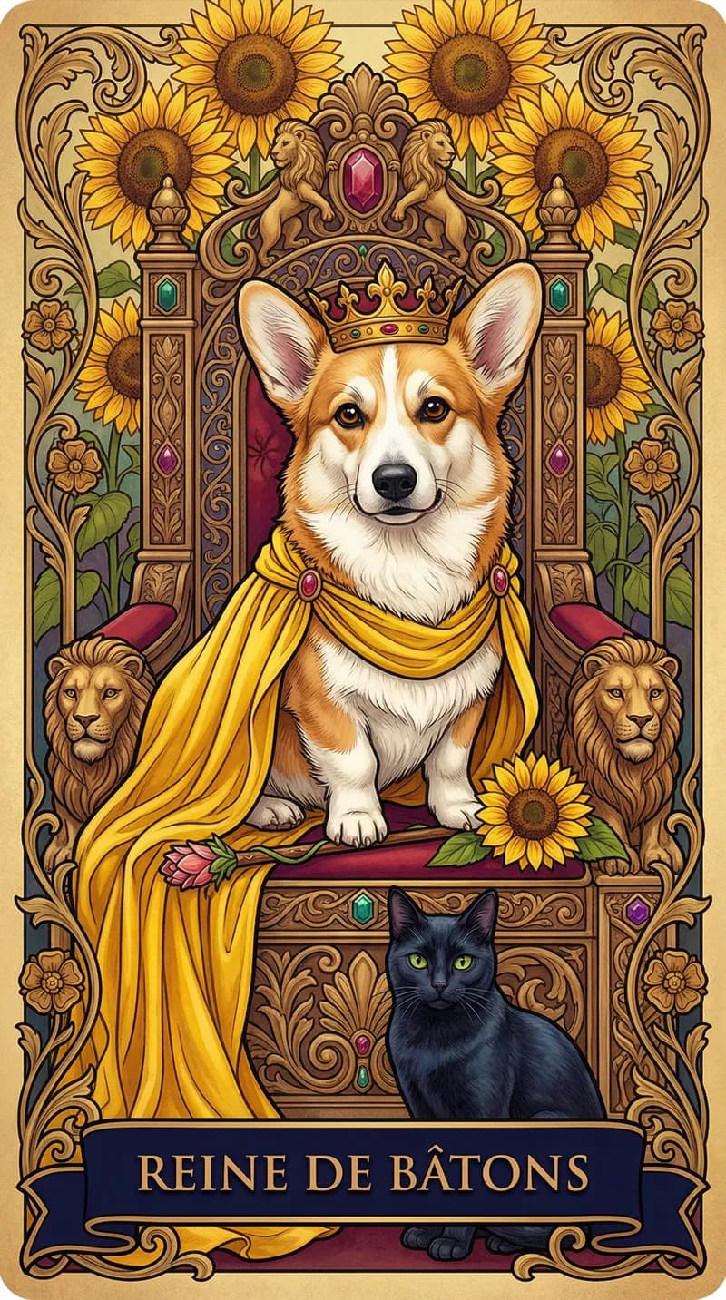 Carte de tarot Reine de Bâtons issue d'un jeu d'exemple personnalisé